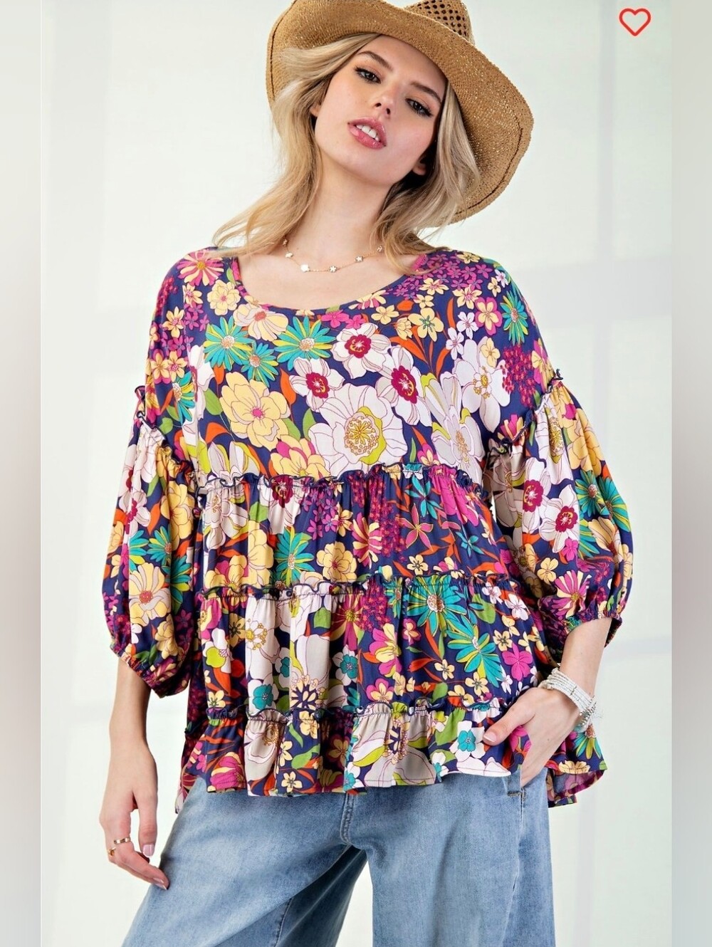 Easel Blueberry Floral Ruffle Babydoll Top – Boho – Size 1X  NWT